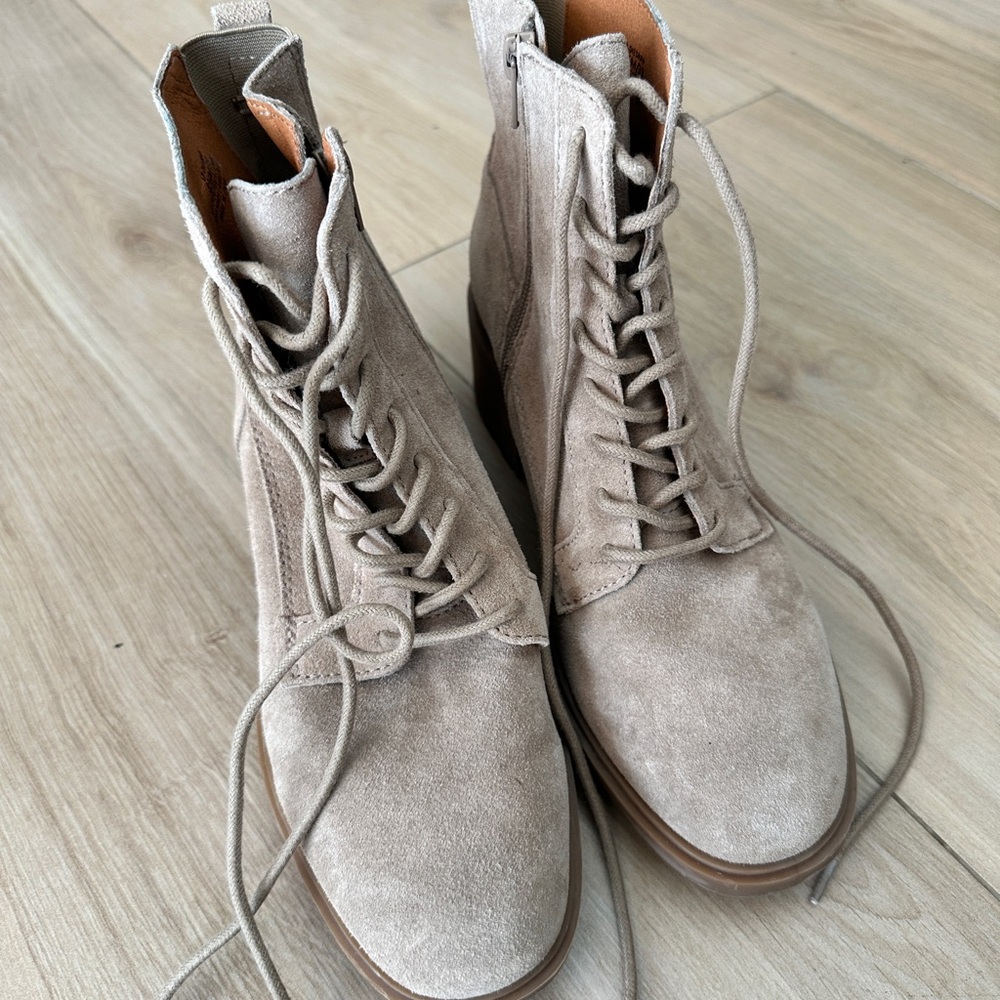 Lucky Brand Tan Ankle Boots with Lace-Up Design and Suede Texture